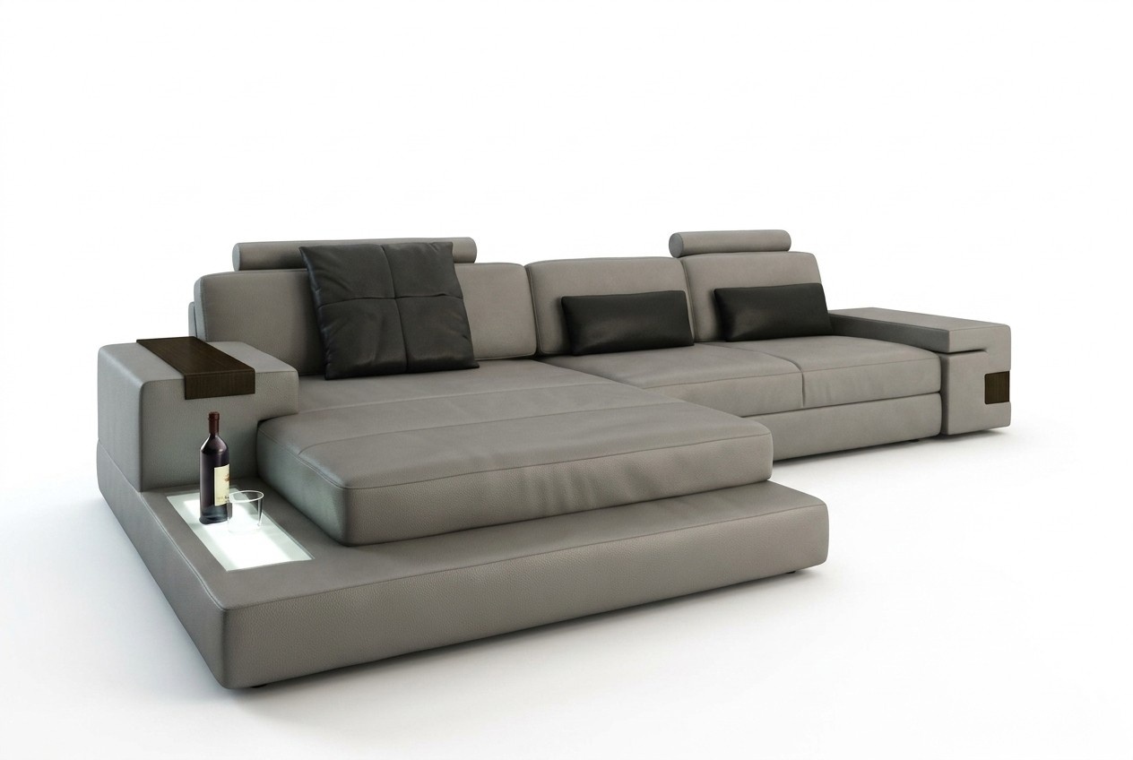 Ecksofa Stoff USB Polster Wohnlandschaft Eck Garnitur Ecke Leder Sofa Grau LForm