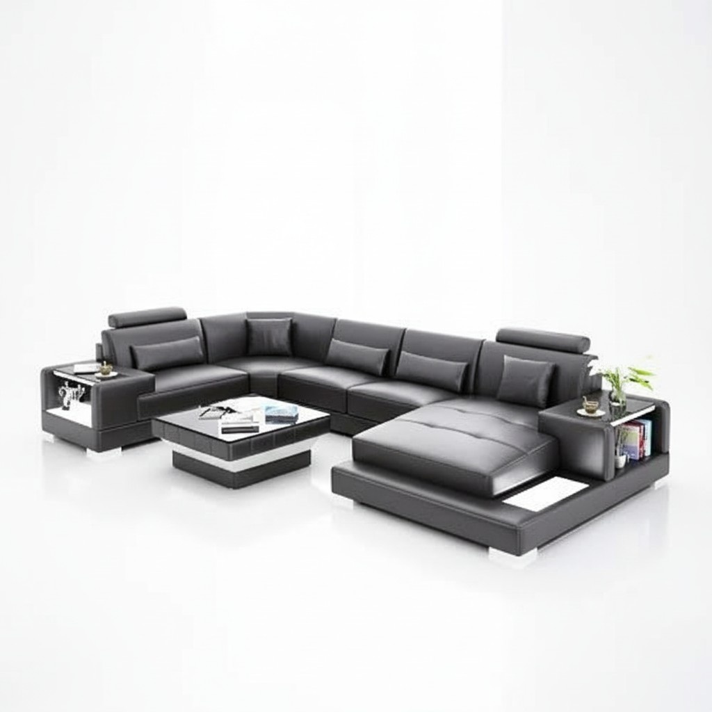 Ecksofa Wohnlandschaft Eckcouch Couchtisch Sofa U-Form Ledersofa Couch 2tlg. Neu