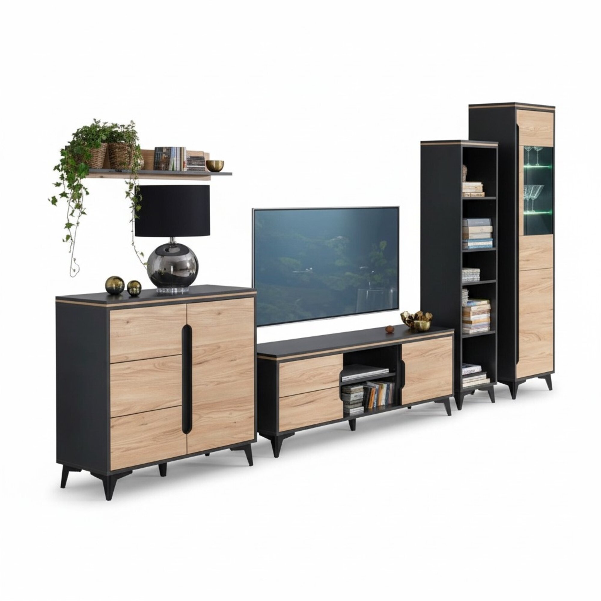 Edle Designer Wohnwand Grau Beige Wohnwände Vitrine Kommode