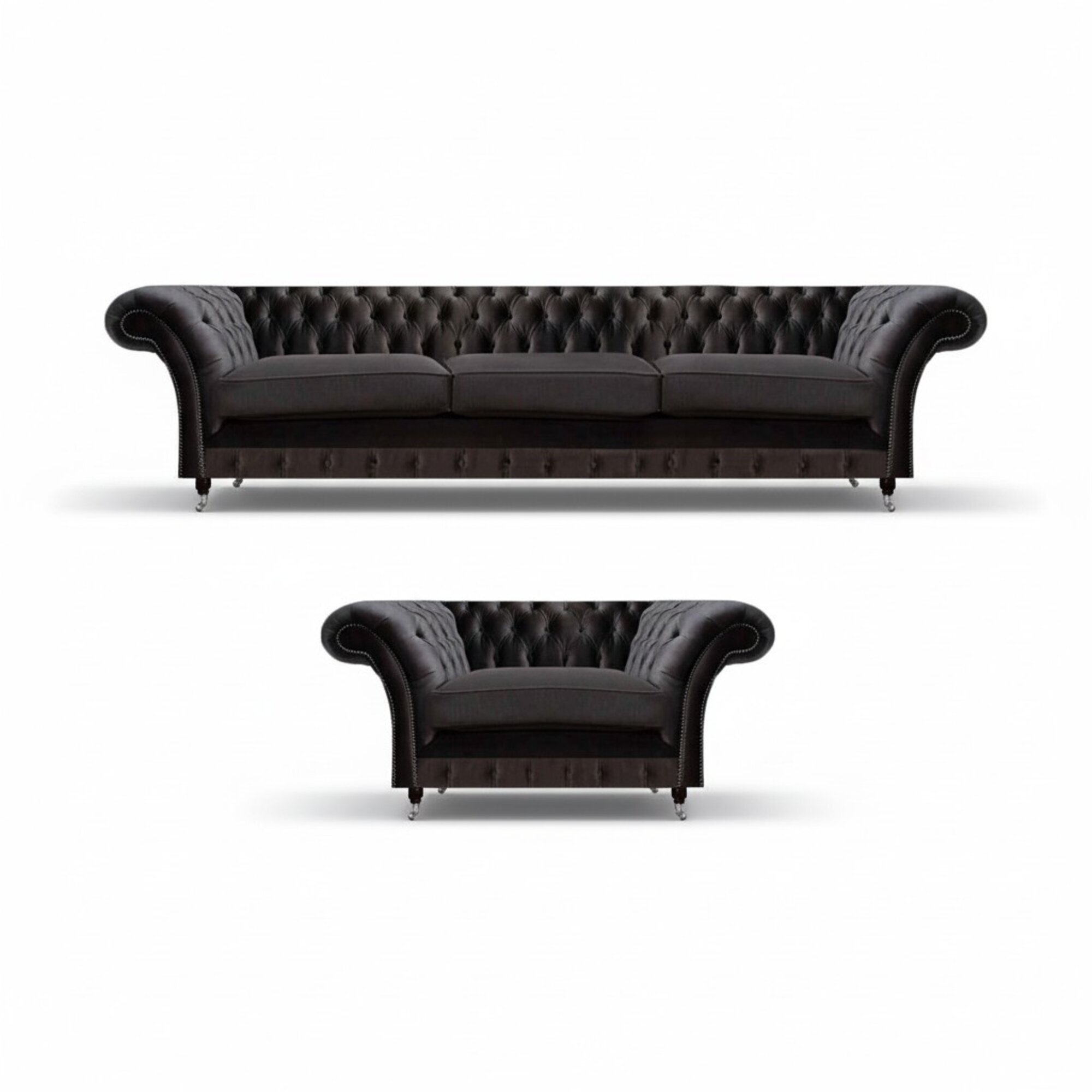 Edle Schwarze Chesterfield Garnitur Moderner Dreisitzer Textil Sessel