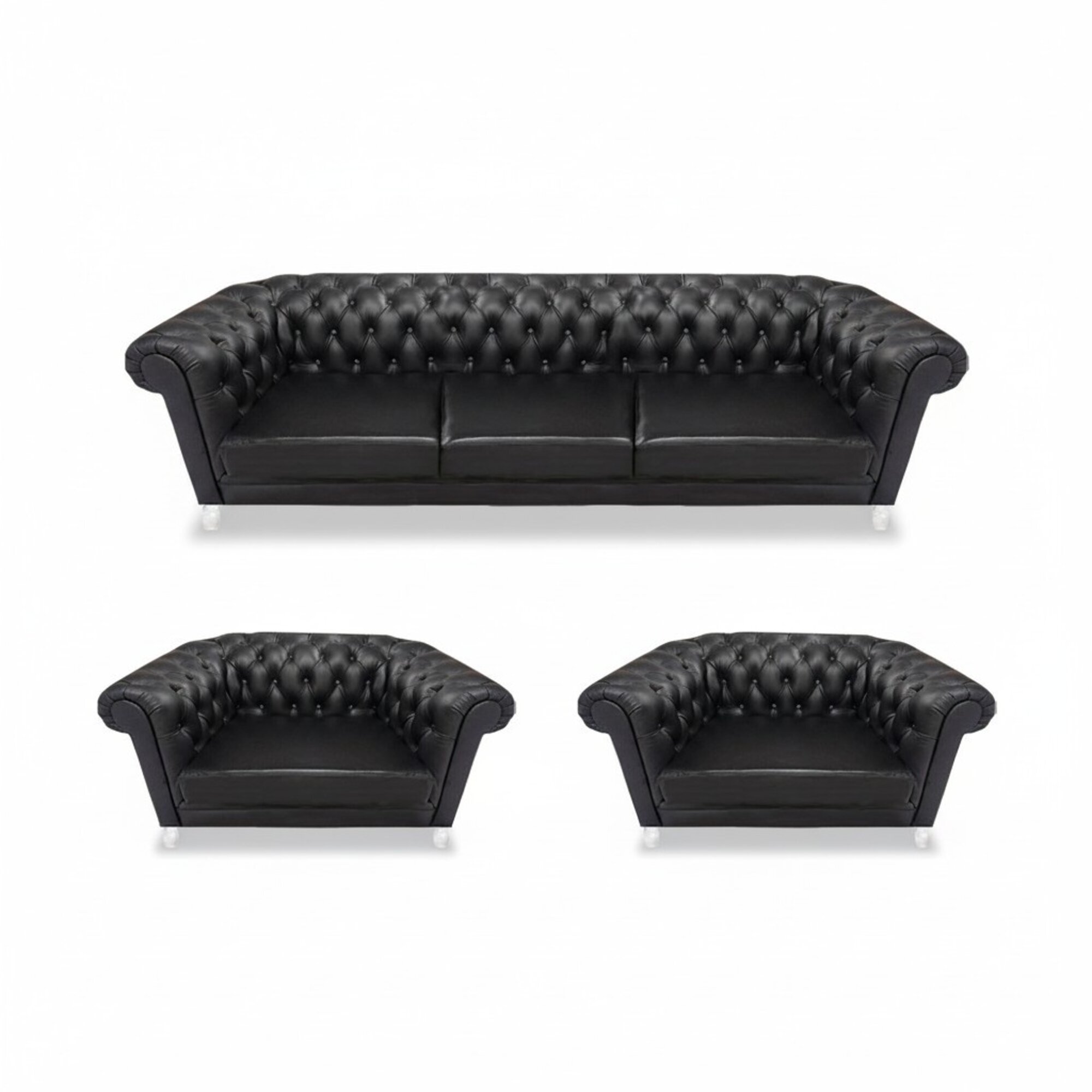 Edles Chesterfield Schwarzes Sofa Luxuriöse Ledersessel 2x Einsitzer