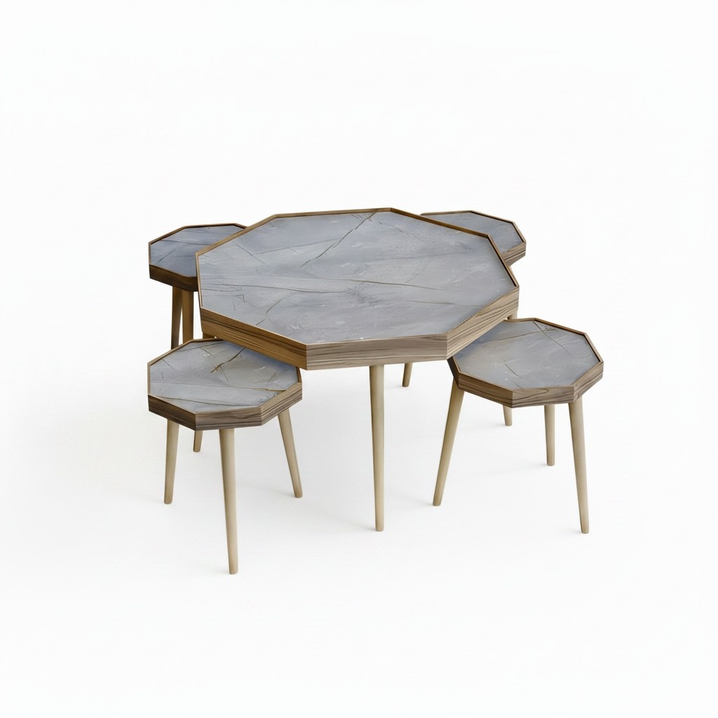 Eleganter grauer Holztisch-Set mit Couchtisch und Beistelltischen