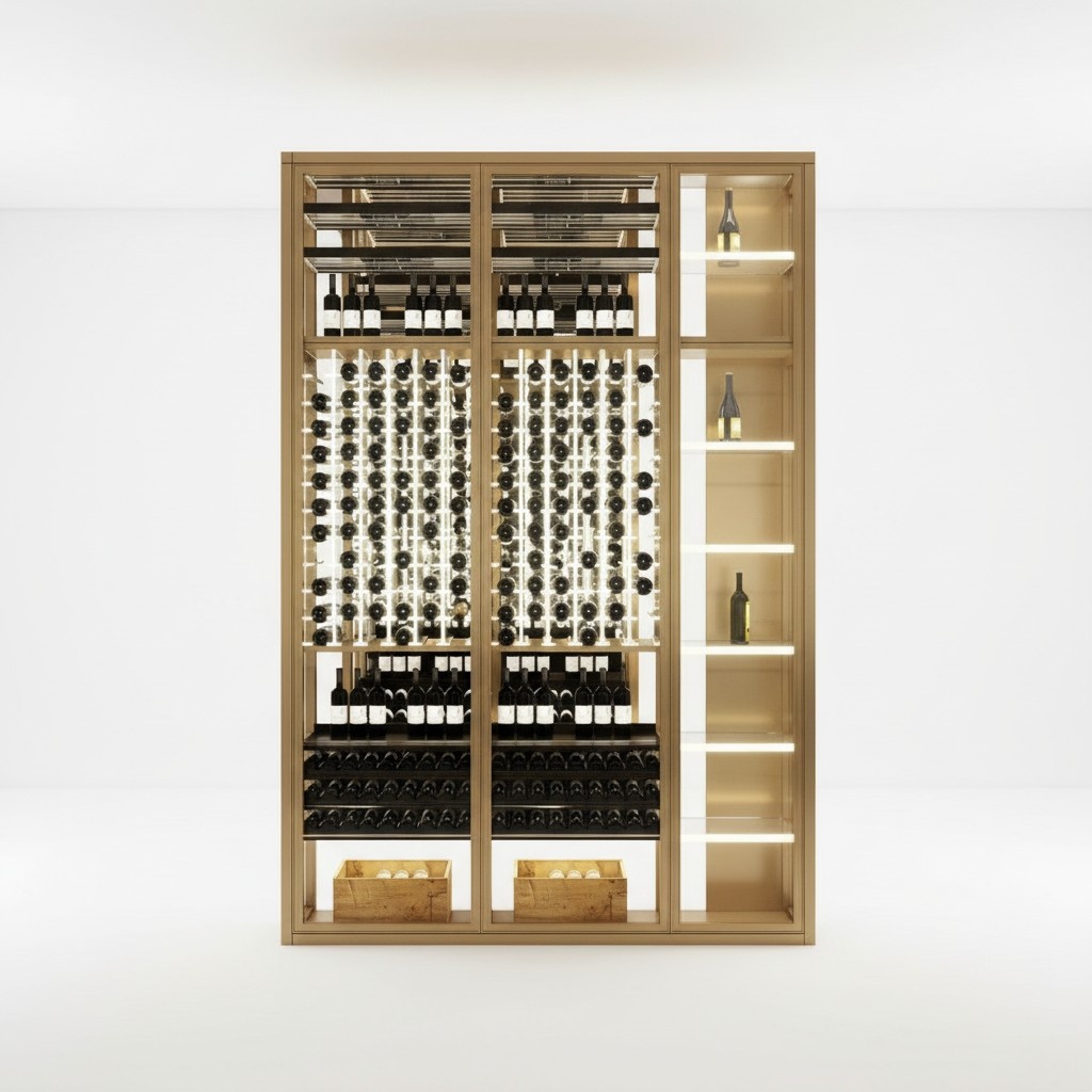 Eleganter Weinschrank aus Edelstahl in Gold mit Doppeltemperaturzone