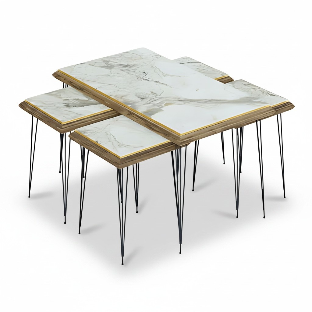 Eleganter weißer Couchtisch mit Beistelltischen aus MDF und Edelstahl