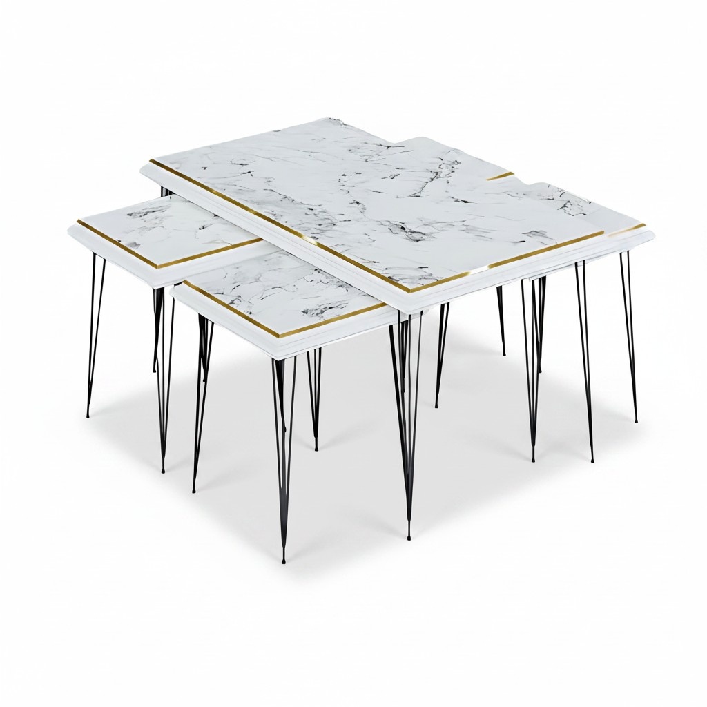 Eleganter weißer Couchtisch mit Beistelltischen aus MDF und Edelstahl
