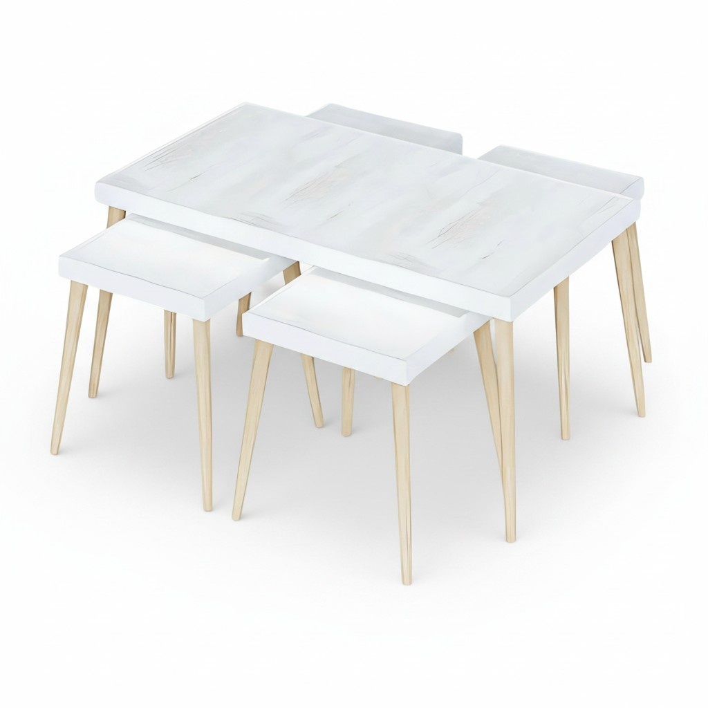 Eleganter weißer Holz Couchtisch mit Beistelltischen im modernen Stil