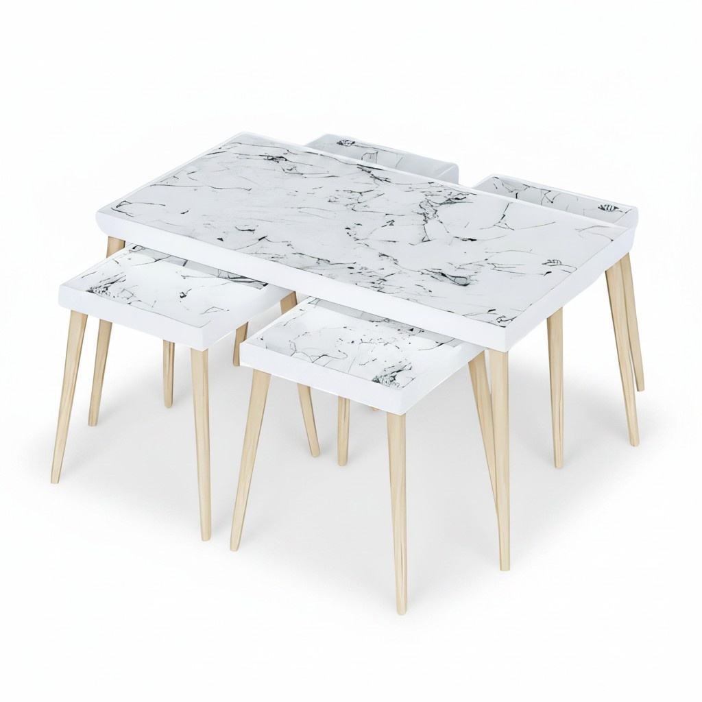 Eleganter weißer Holz Couchtisch mit Beistelltischen im modernen Stil