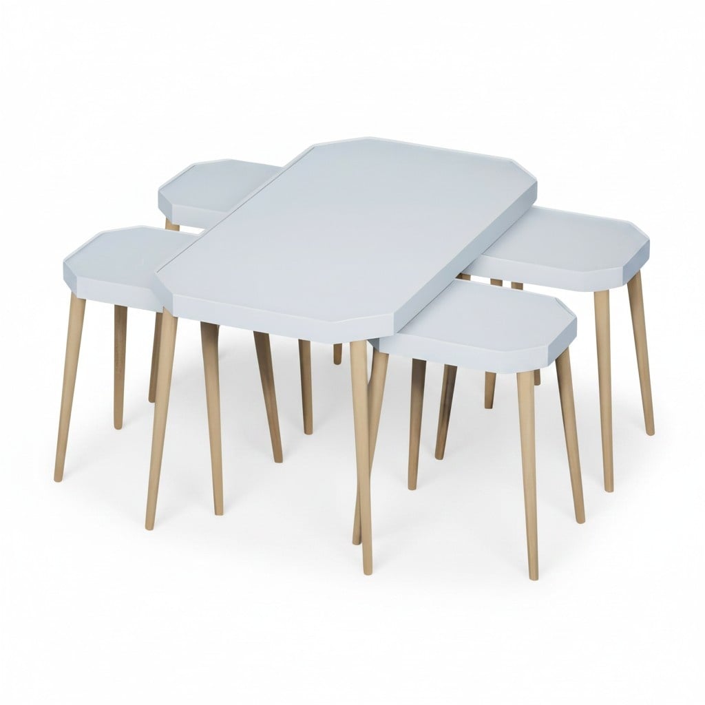 Eleganter weißer Holztisch-Set mit Couchtisch und Beistelltischen