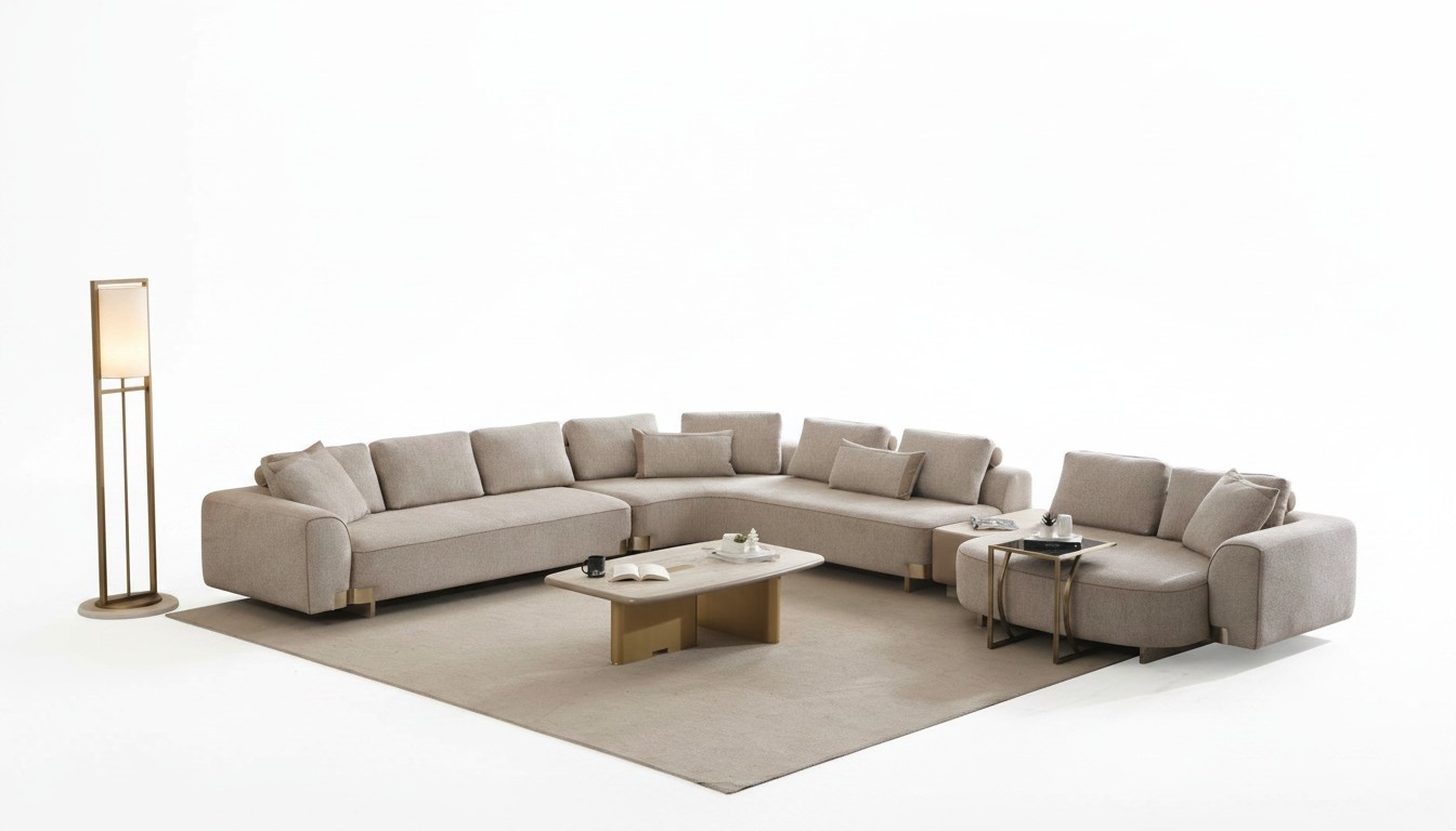 Elegantes Beige U-Form Ecksofa aus Textil und Holz