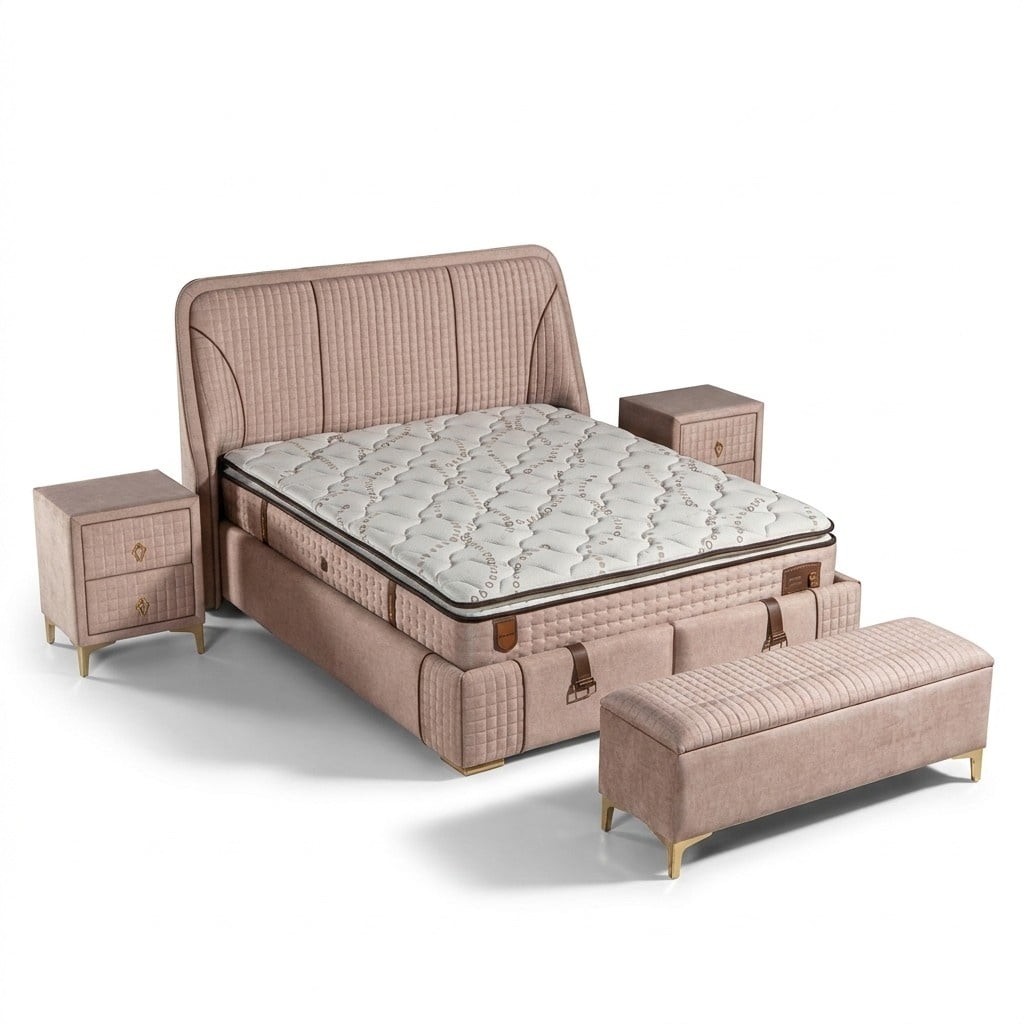 Elegantes Bett mit Matratze in Beige aus Textil und Edelstahl