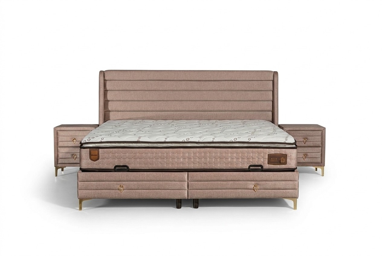 Elegantes Bett mit Matratze in Beige aus Textil und Edelstahl