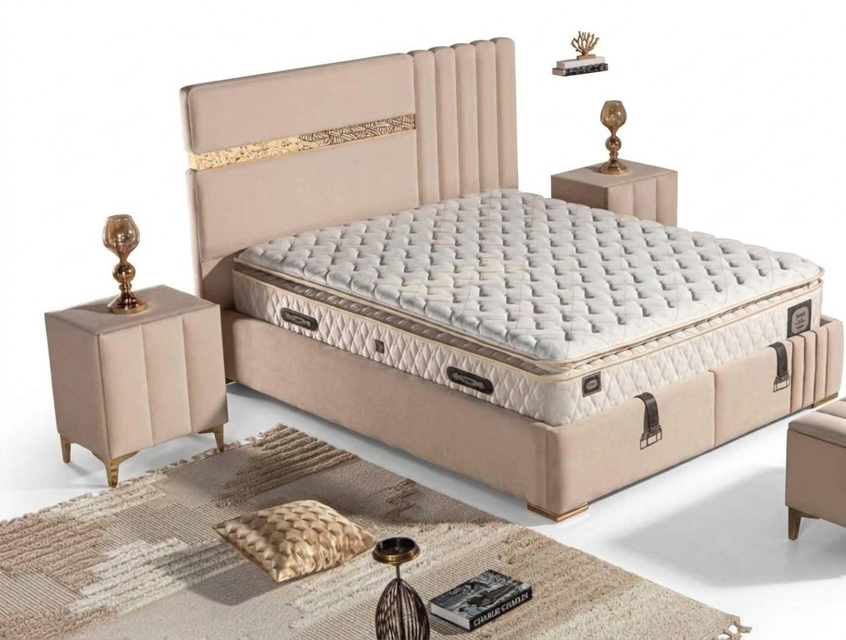 Elegantes Bett mit Matratze in Beige aus Textil und Edelstahl