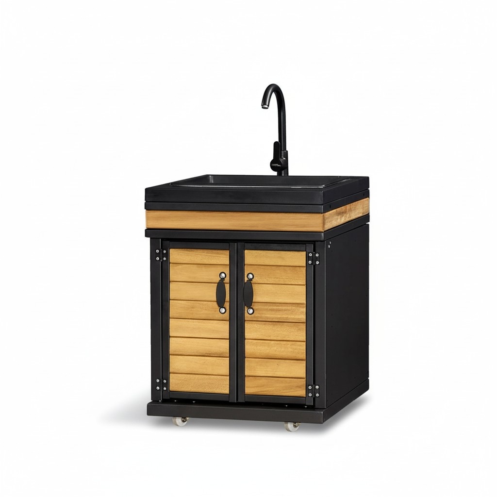 Elegantes schwarzes Außenküchenmodul aus Edelstahl und Holz