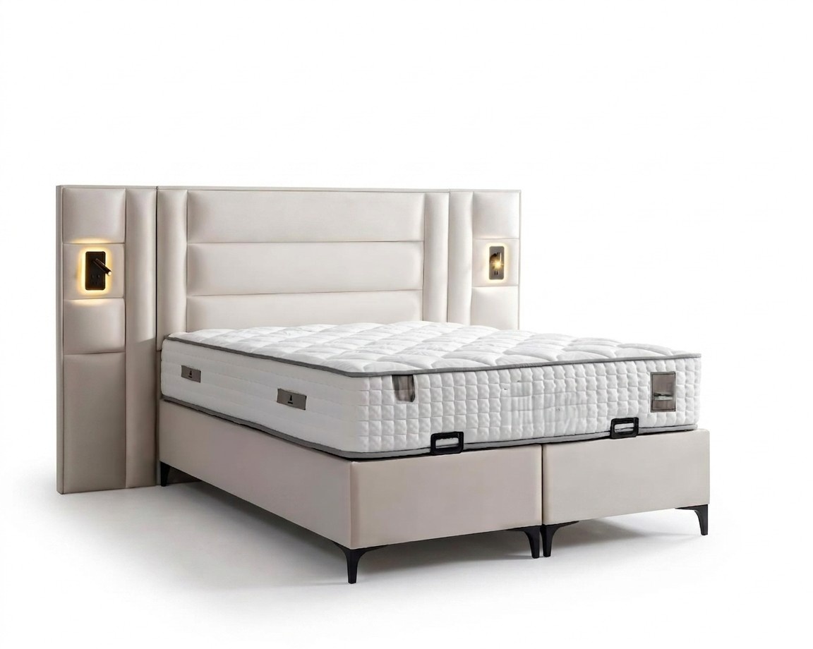 Elegantes weißes Bett mit Matratze aus Textil und Holz