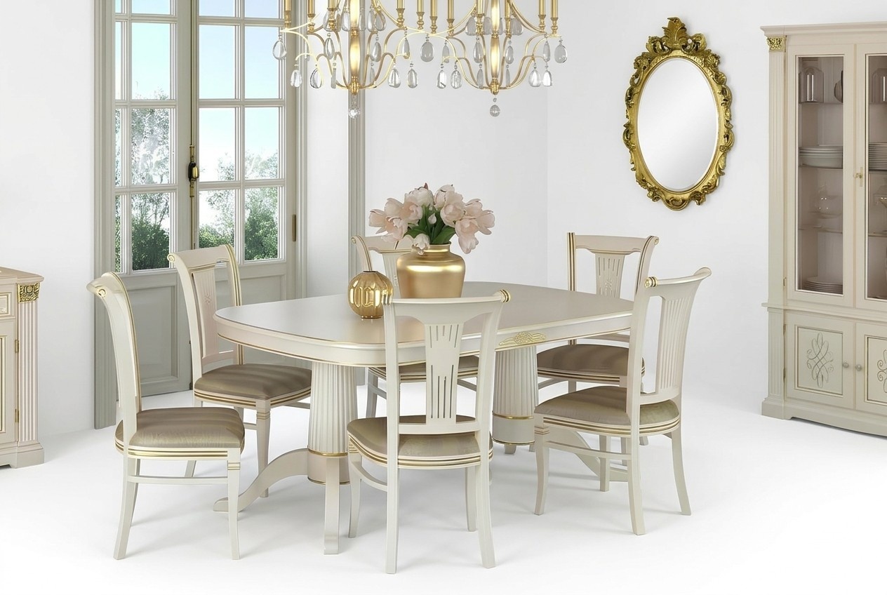 Ess Gruppe Zimmer Stuhl Tische Set 4 Stühle + Tisch Möbel Massivholz Sitz Polster Neu