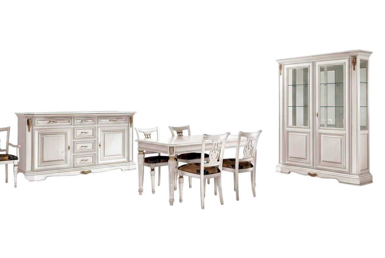 Esszimmer Esstisch Stuhl Kommode Vitrine Gruppe Garnitur Holz Weiß Set 7tlg