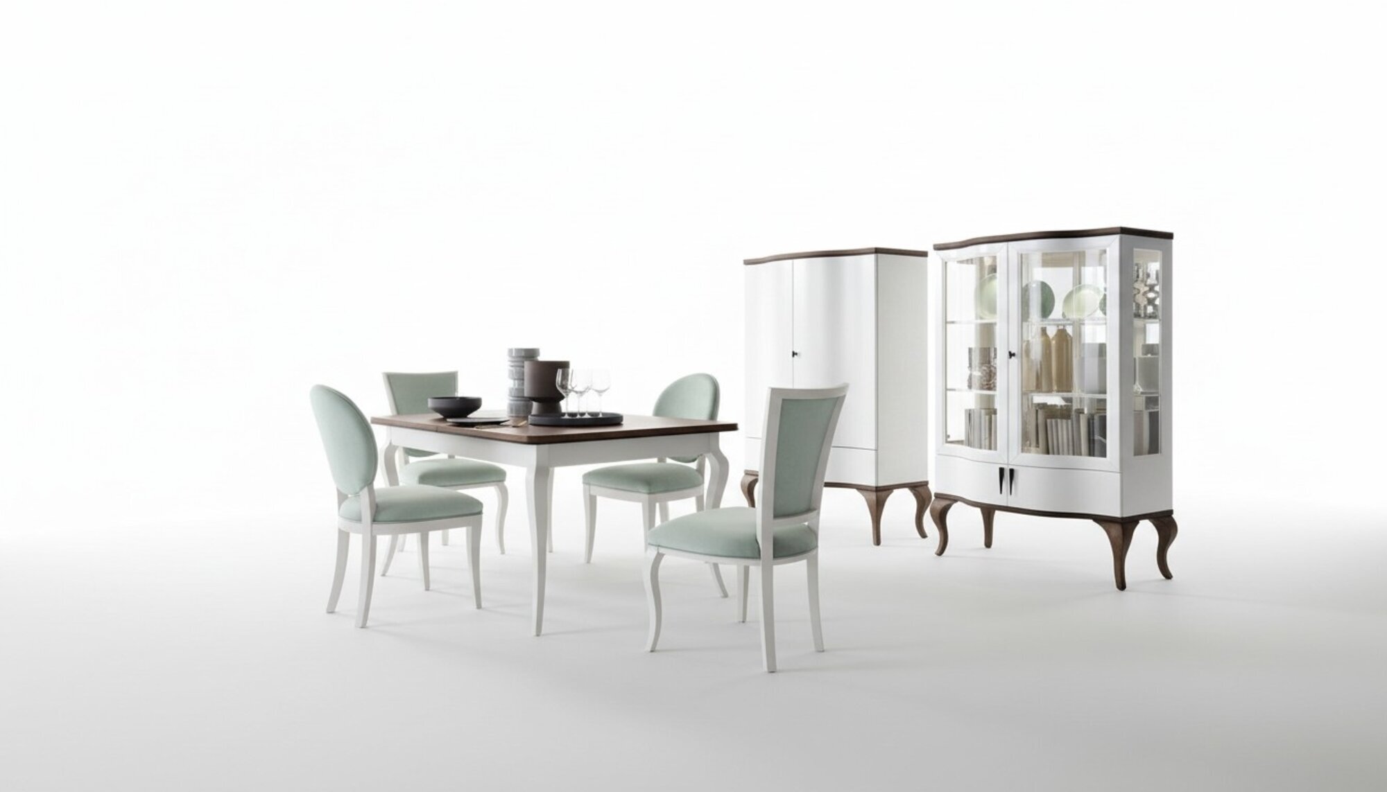 Esszimmer Garnitur Set Klassische Tisch 4x Stühle Vitrine Kommode 7tlg