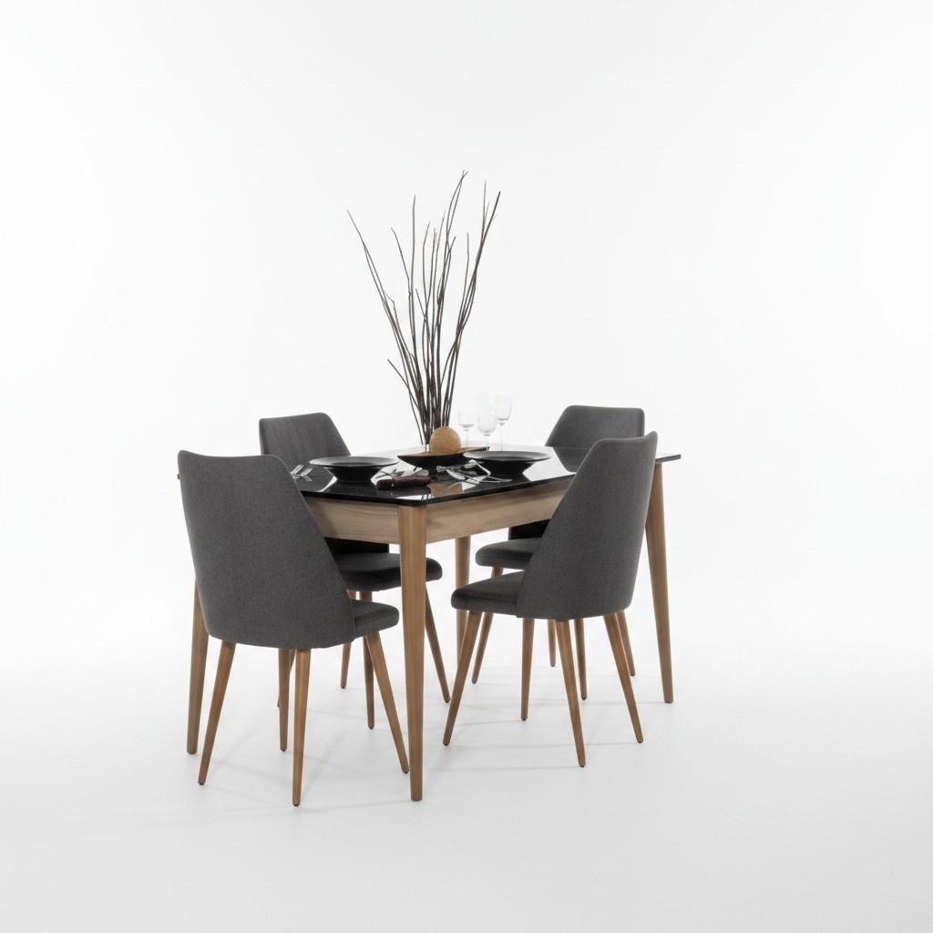 Esszimmer Gruppe Designer Brauner Esstisch 4x Schwarze Polsterstühle