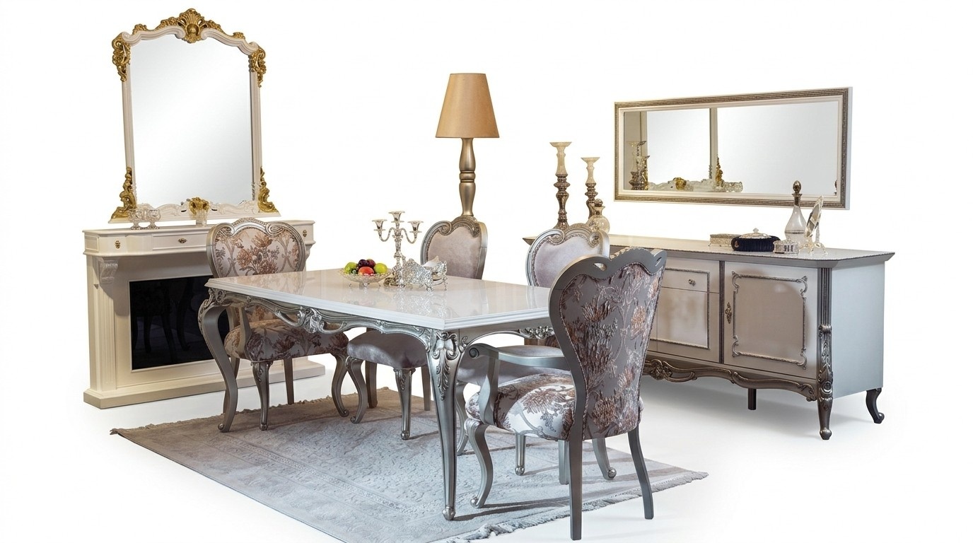 Esszimmer Set 7tlg. Esstisch 4x Stühle Kommode Spiegel Gruppe Garnitur Weiß