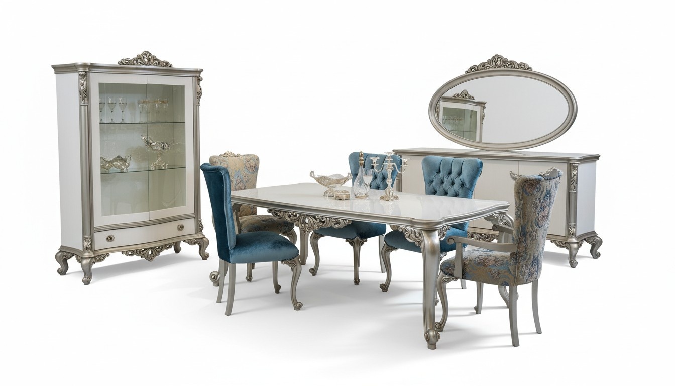 Esszimmer Set Garnitur Vitrine Tisch 6x Stuhl Kommode Spiegel Art déco 10tlg