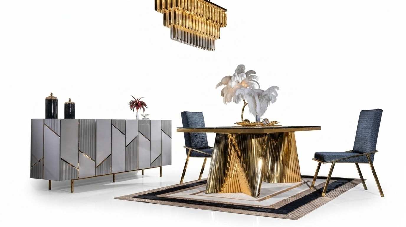 Esszimmer Set Stühle Esstisch Anrichte Tische 6tlg Edelstahl Gold