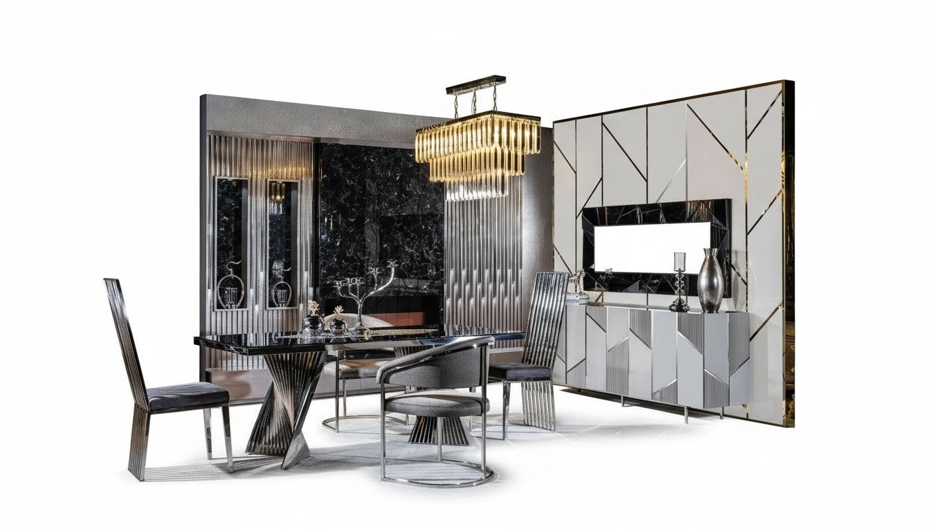 Esszimmer Set Tisch+4 Stühle+Anrichte+Spiegel Komplette Möbel Neu