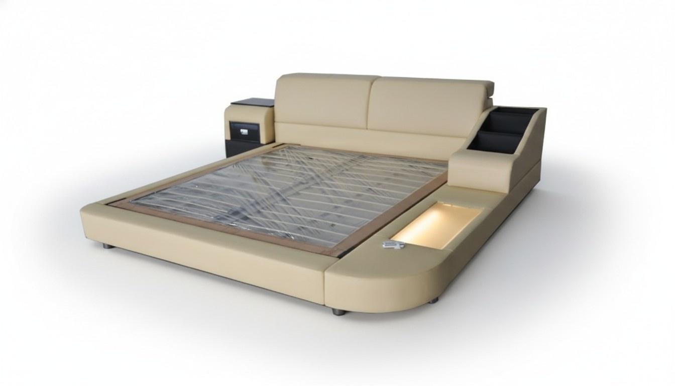 Exclusives Mehrzweck Doppel Betten Hotel Ehe Polster Leder Bett + USB Luxus Neu