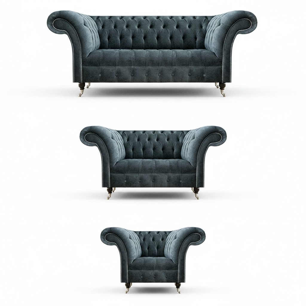 Exklusive Graue Chesterfield Sofas Edler 3-Sitzer Zweisitzer Sessel 3tlg