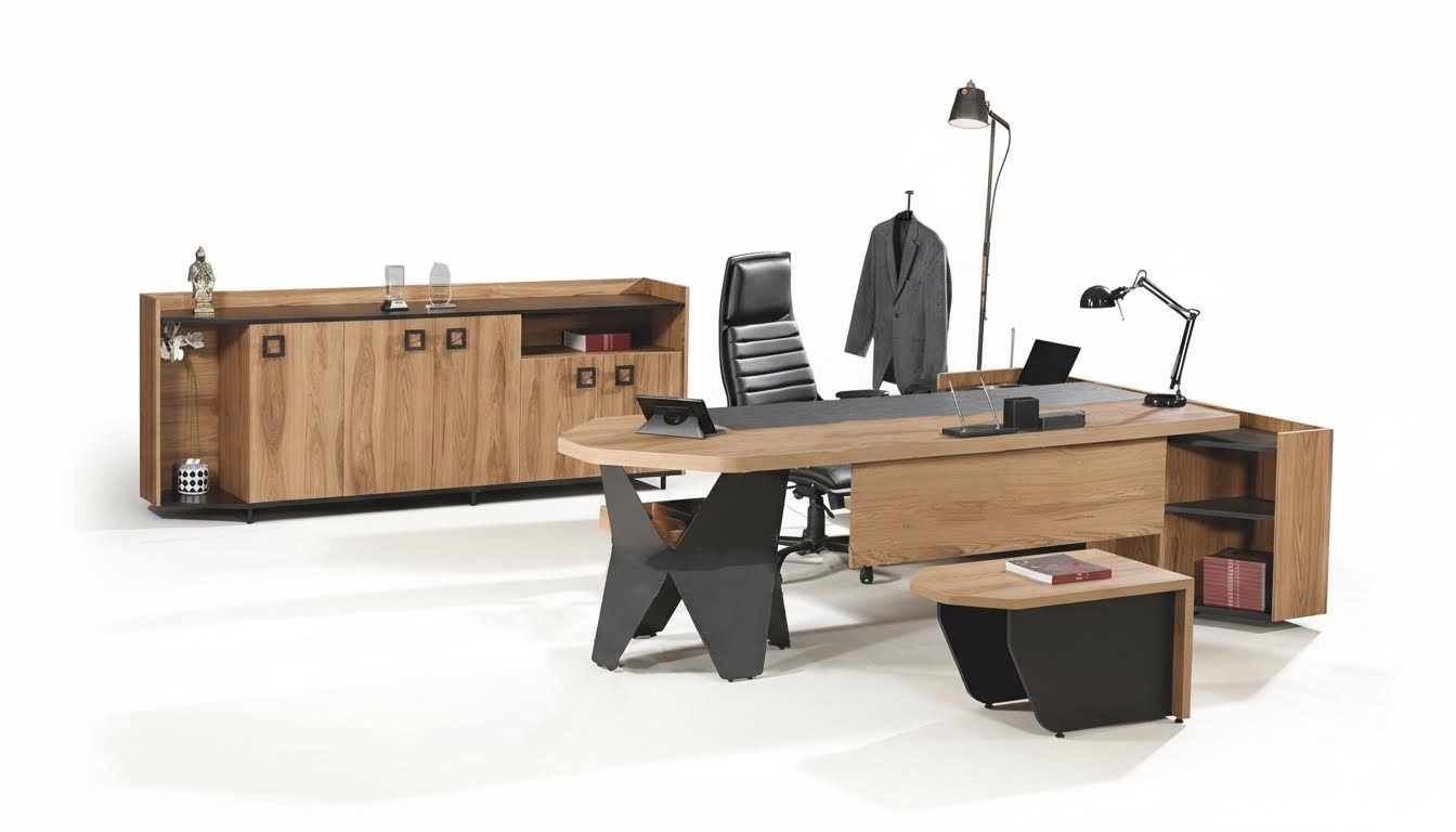 Garnitur Büro Schreibtisch Bürotisch Set 4tlg Holz Braun Kommode Groß
