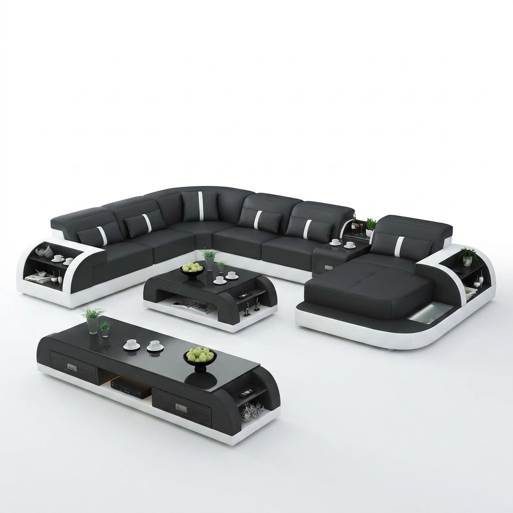 Garnitur Design Wohnlandschaft Ecksofa Sofa Couch U-Form Tisch Leder 2tlg. sets