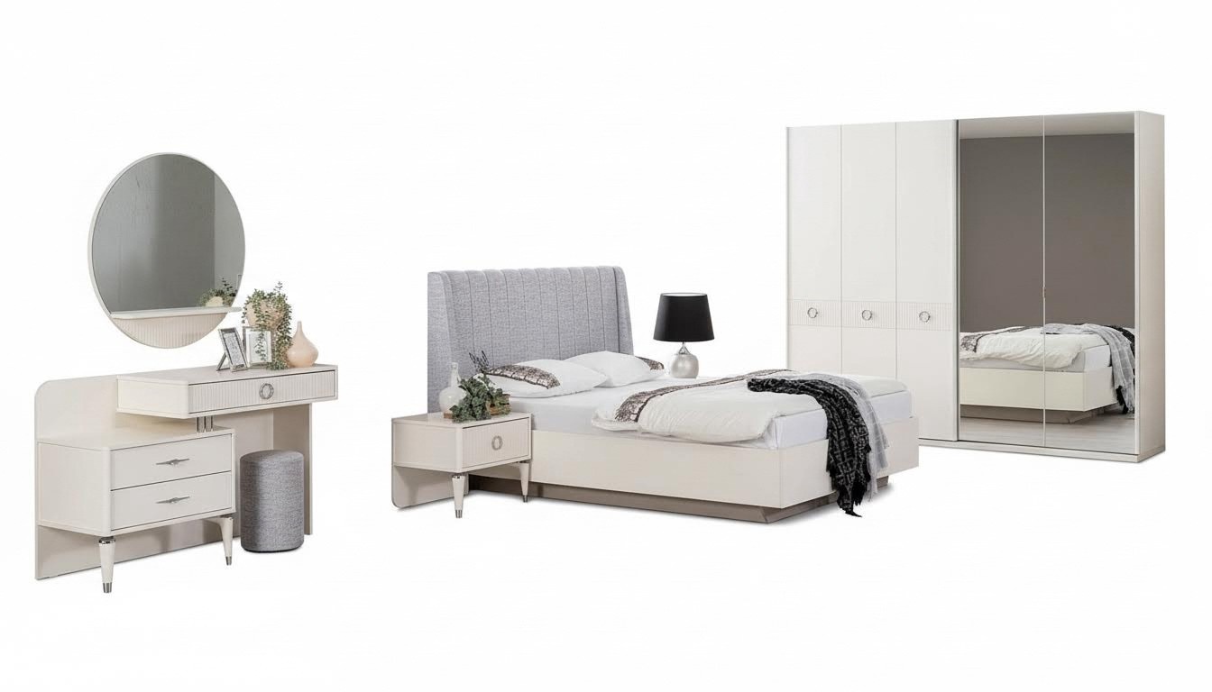 Garnitur Doppelbett Bettrahmen Stoff Schlafzimmer Weiß Holz Set 7tlg