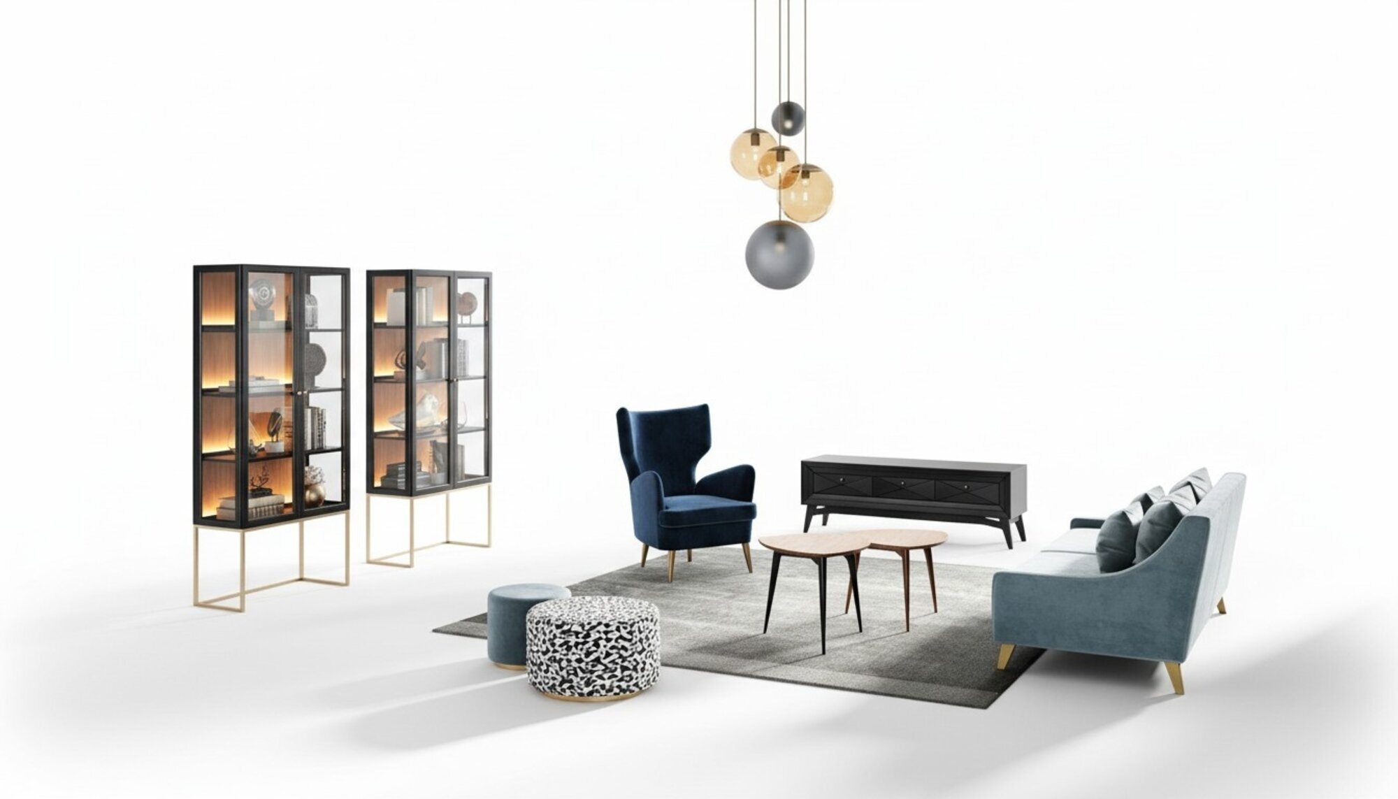Garnitur Wohnzimmer Sofa Sessel Vitrine Hocker rtv Couchtisch Set 9tlg