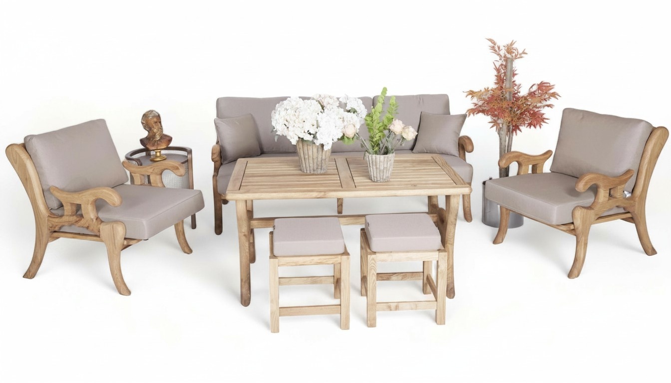 Garten Möbel Sofagarnitur 3+1+1 Sitzer Terrasse Stilvolle Esstisch Holzhocker