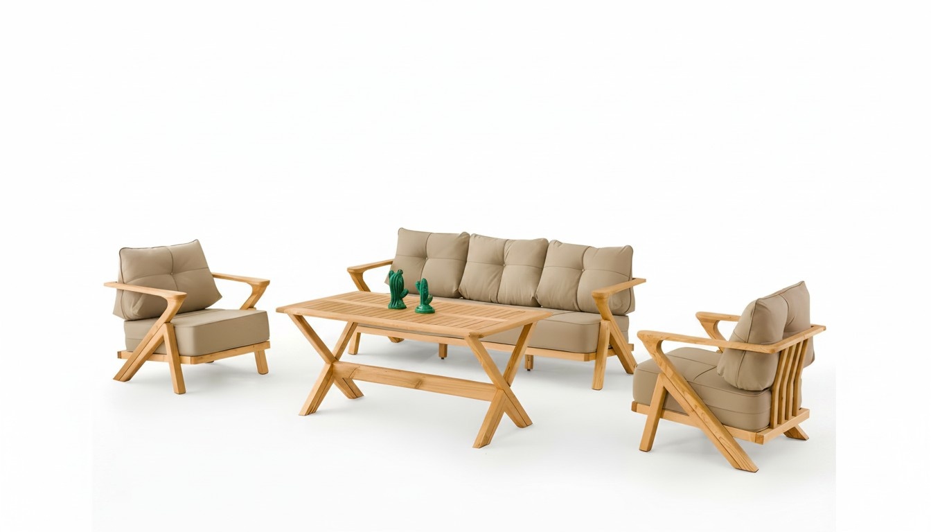 Gartenmöbel Set aus Holz und Textil in Beige, modern, 4-teilig