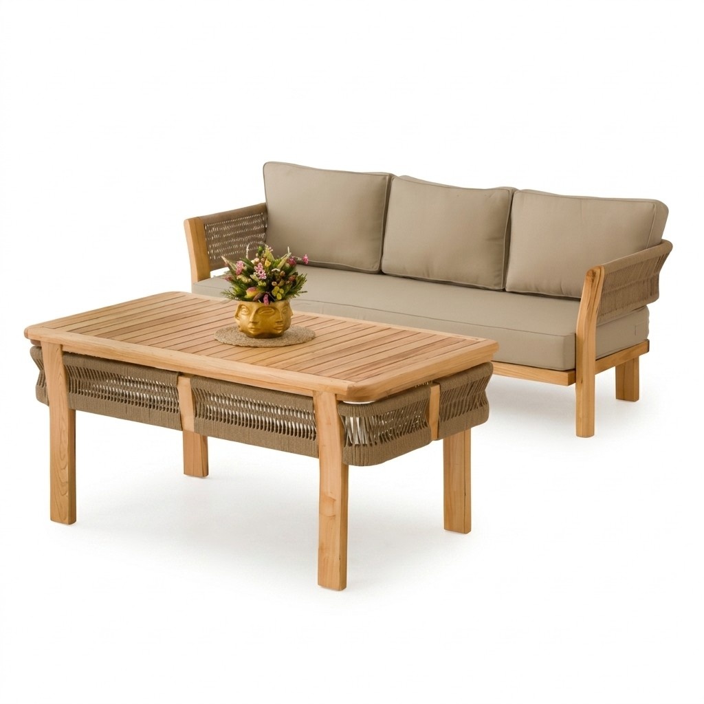 Gartenmöbel Set aus Holz und Textil in Beige modern