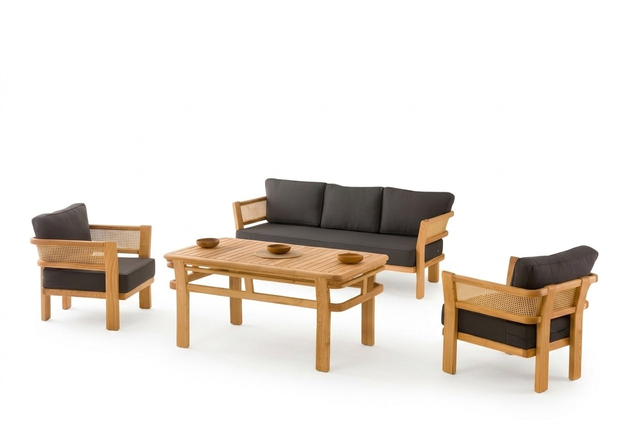 Gartenmöbel Set Schwarz Holz Textil Modern für Außenbereich