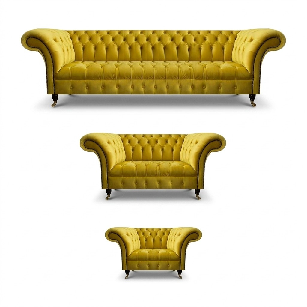 Gelbe Designer Chesterfield Sitzmöbel Wohnzimmer Textil Couchen 3tlg