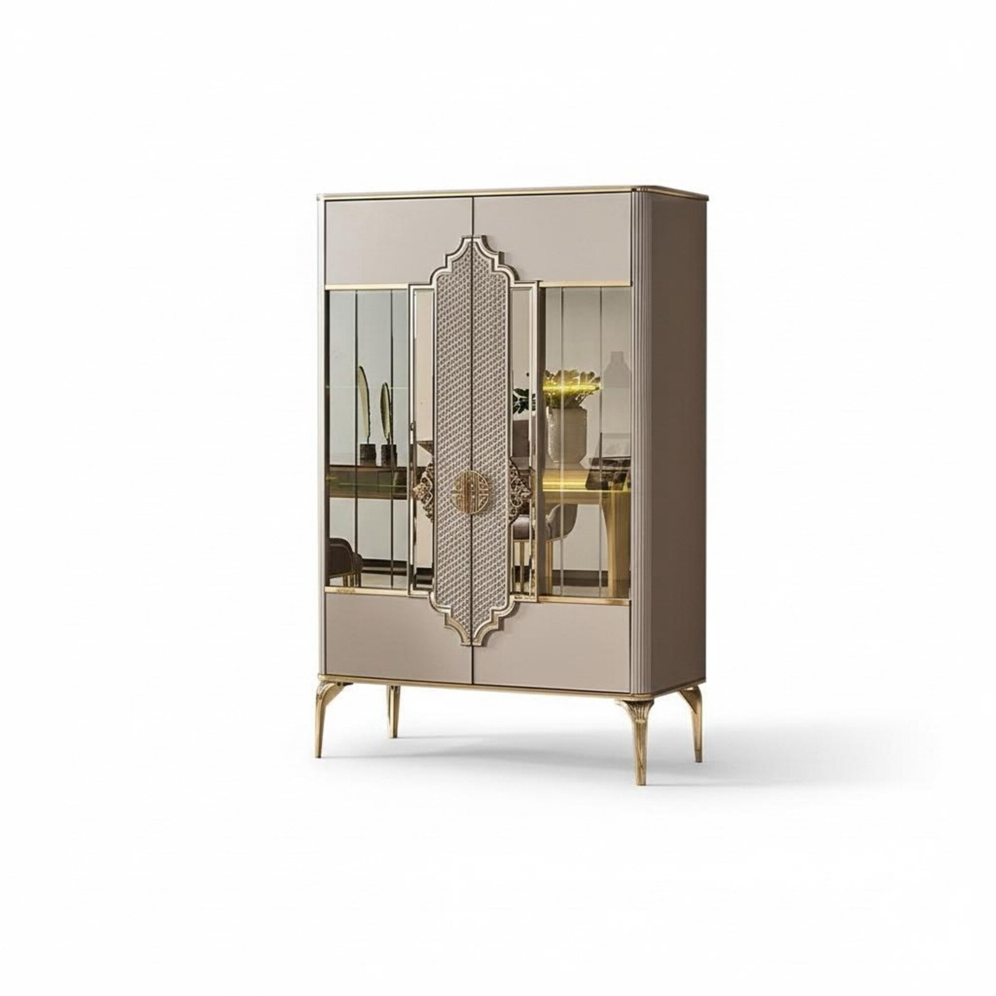 Glasschrank Schaukasten Vitrine Schrank Holzschrank Beige Glasvitrine Holz Luxus