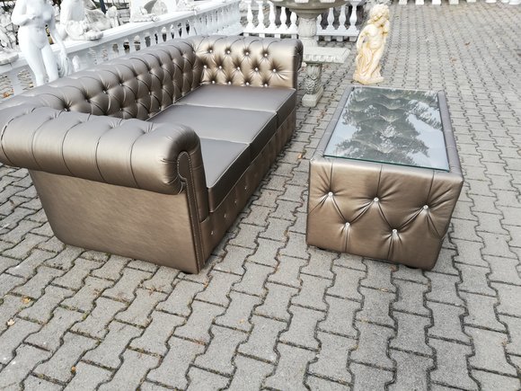 Design Chesterfield Sofagarnitur 3 + Couchtisch Couch Leder Polster Gold Neu