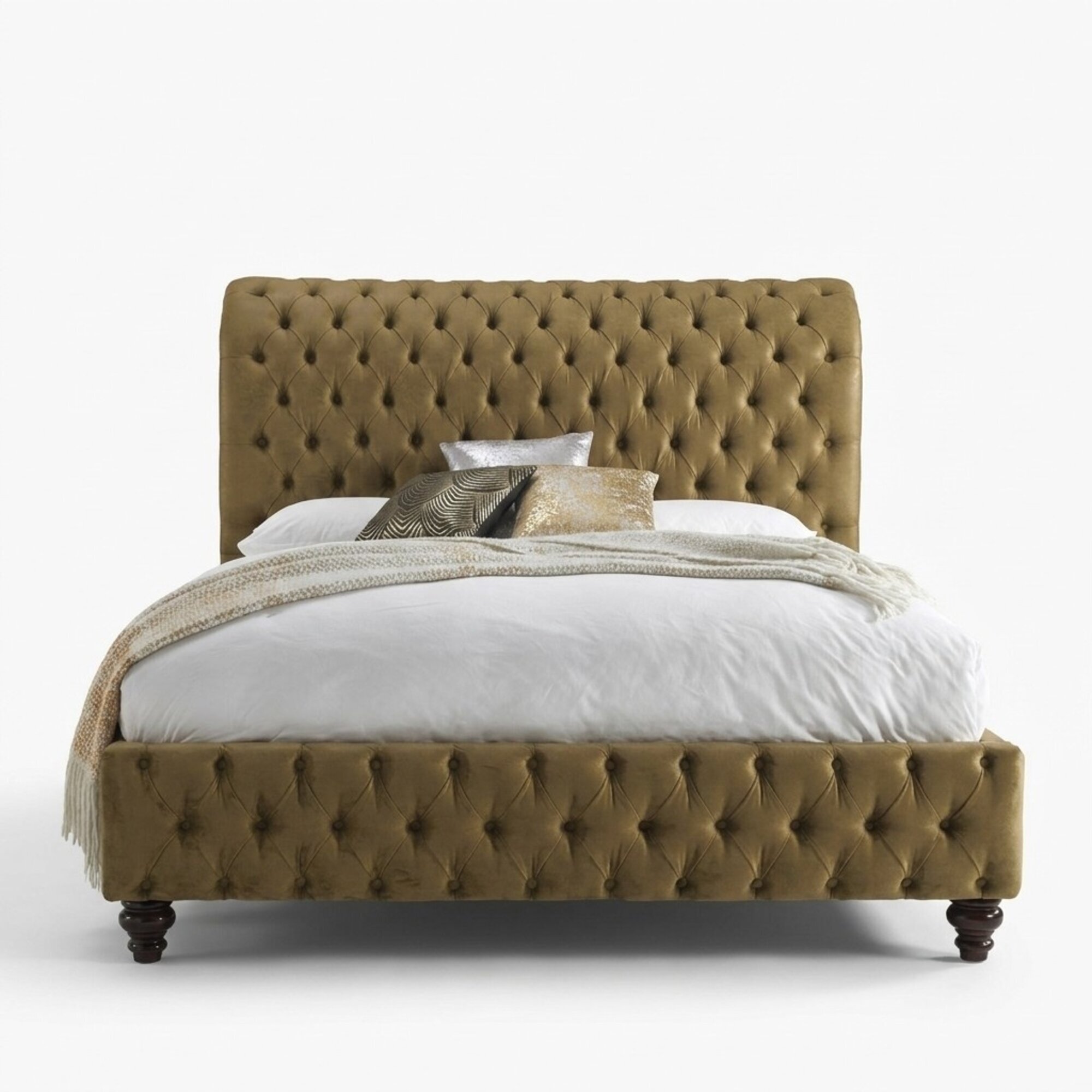 Gold Luxus Samt Textil England Bett Doppel Design Chesterfield 160x200cm