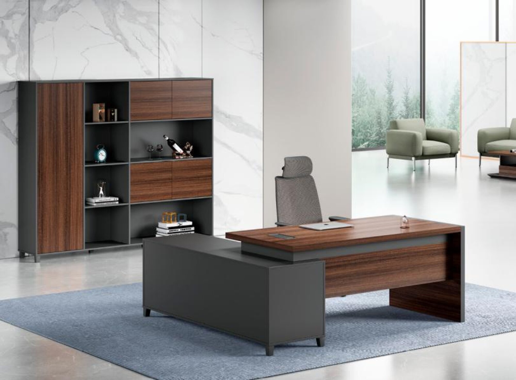 Grau-Braune Arbeitszimmer Garnitur Designer Büroschrank Luxuriöser Tisch