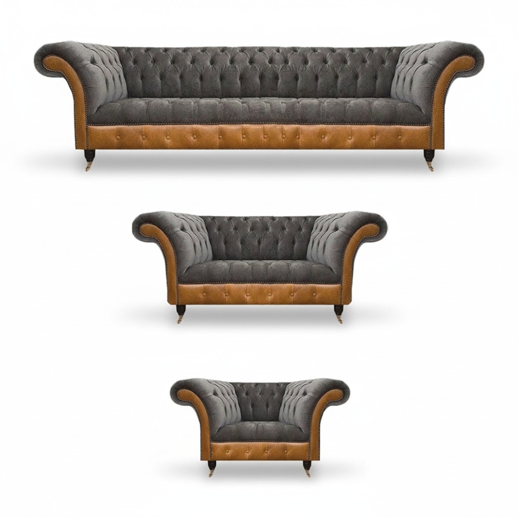 Grau-Braune Chesterfield Sitzgarnitur Polstersofas Textil Couchen 3tlg