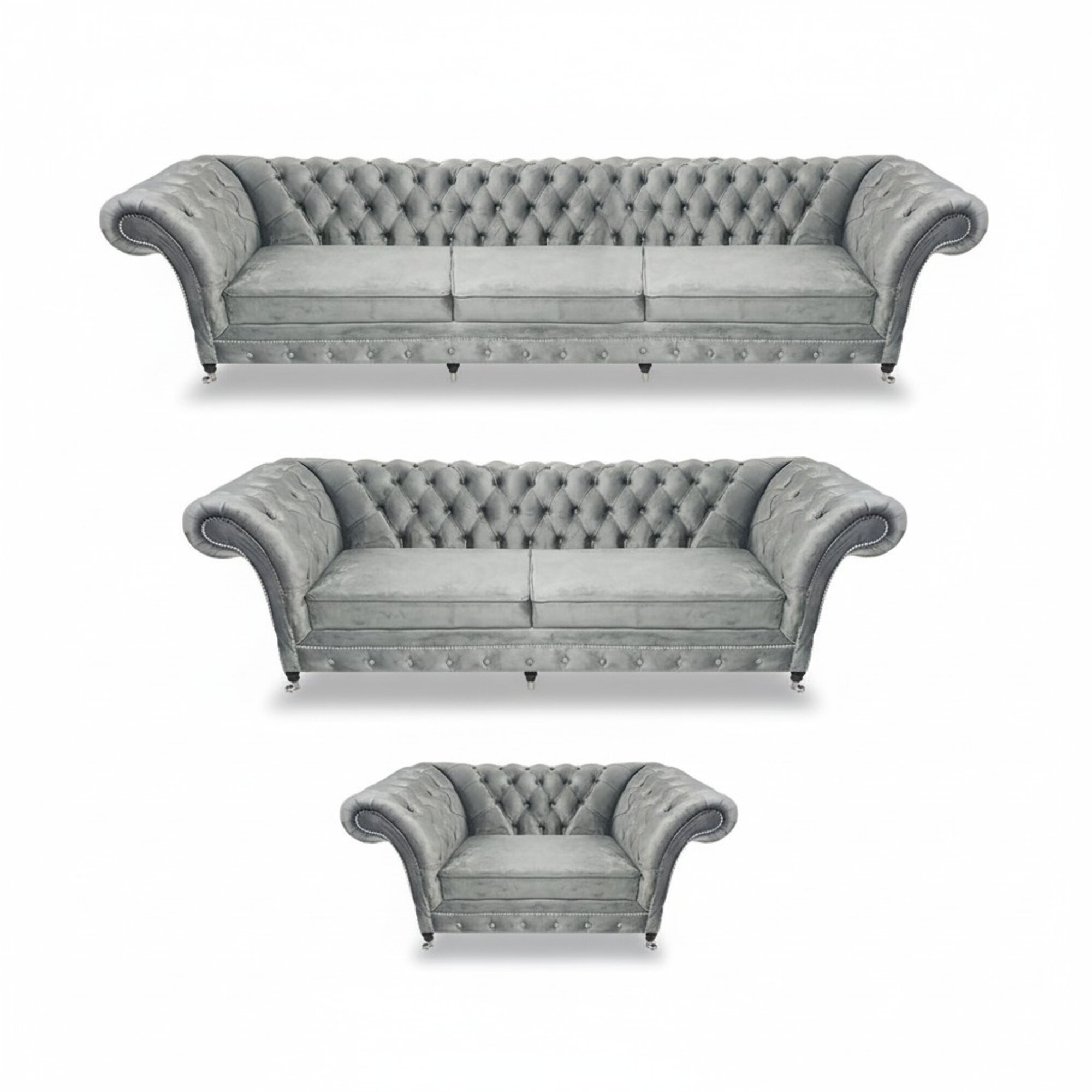 Grau Luxus Wohnzimmer Set 3tlg Textil Polstermöbel Designer Möbel Chesterfield