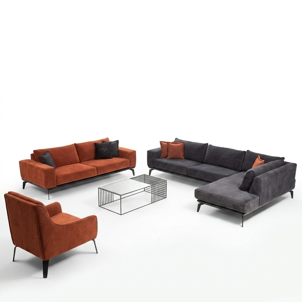 Grau-Orange Couchgarnitur Luxuriöse Wohnzimmer Möbel 3-Sitzer Ecksofa