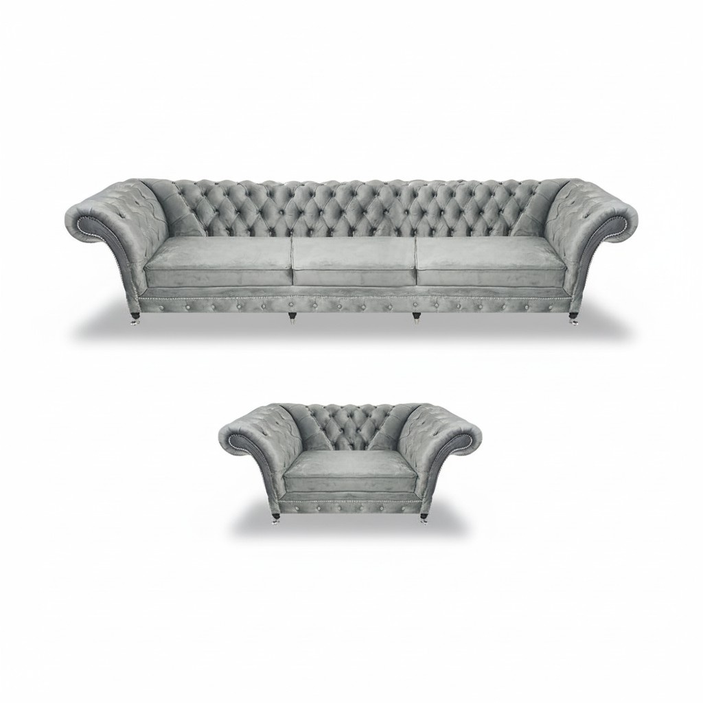 Grau Sofa Dreisitze Set Wohnzimmer Sessel Einrichtung Polstermöbel Chesterfield