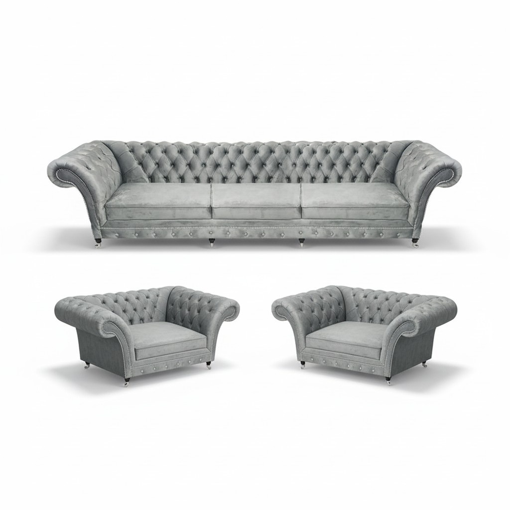 Grau Sofagarnitur 3tlg sofa Wohnzimmer Einrichtung Polstermöbel Chesterfield