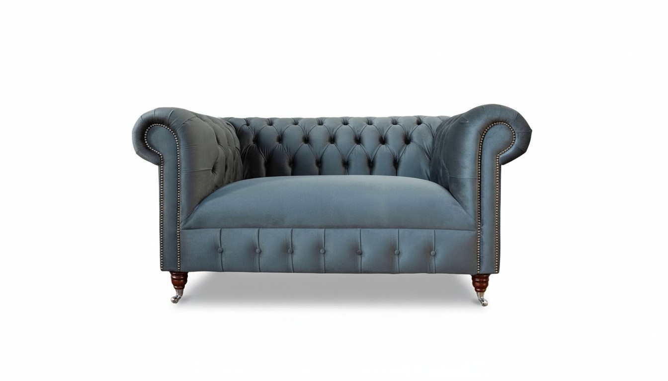 Graublaue Chesterfield Textil Sofa 2 Sitzer Sofa Polster Design Luxus Stoffsofas