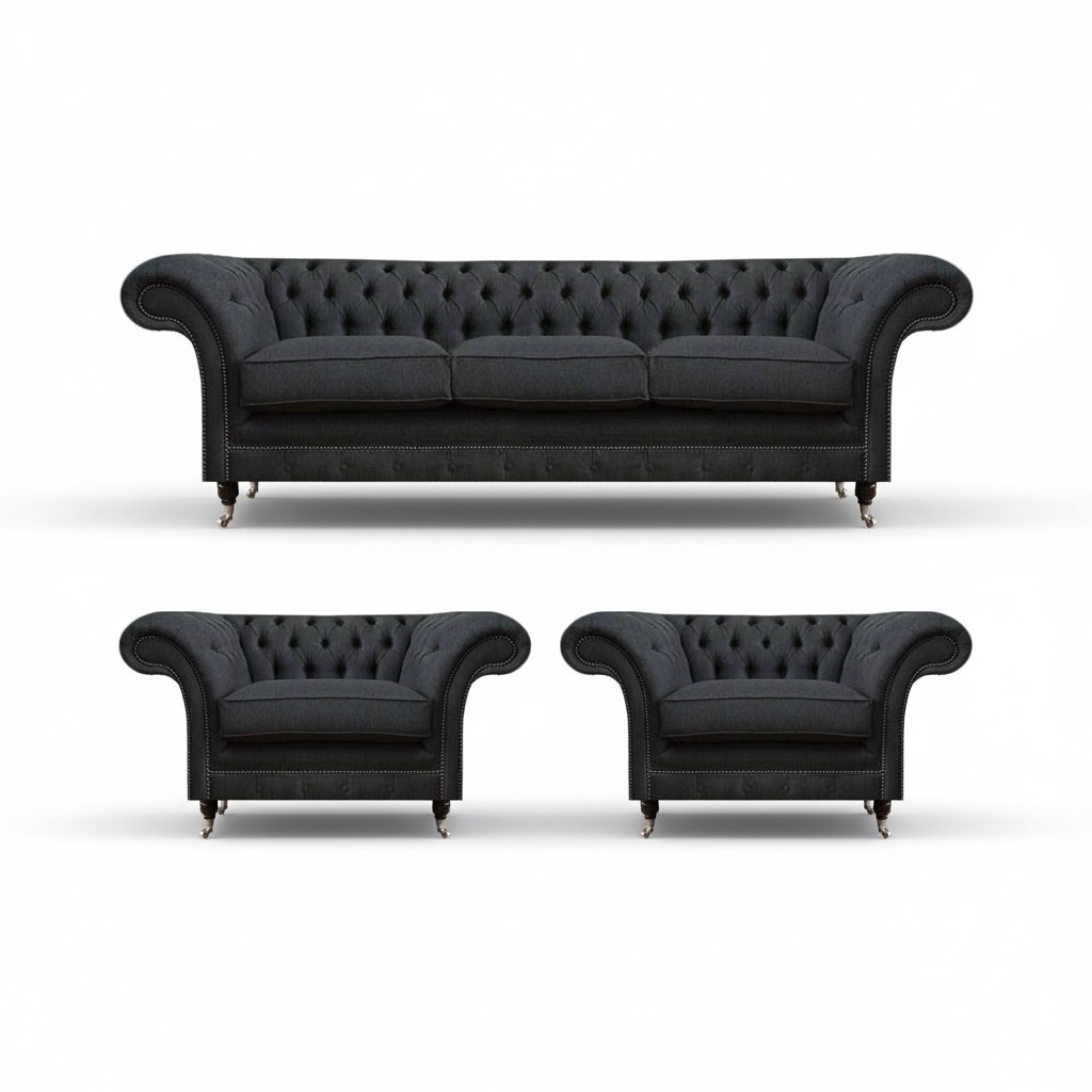 Graue Chesterfield Bettfunktion Sofa Textil 2x Sessel 3tlg Set Garnitur