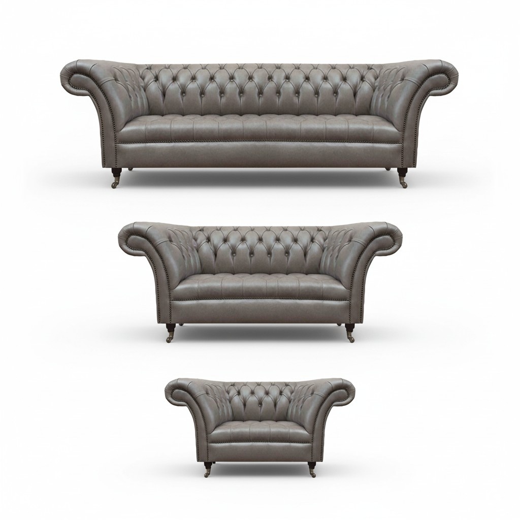 Graue Chesterfield Ledersofas Designer Einsitzer Dreisitzer Sofa Set