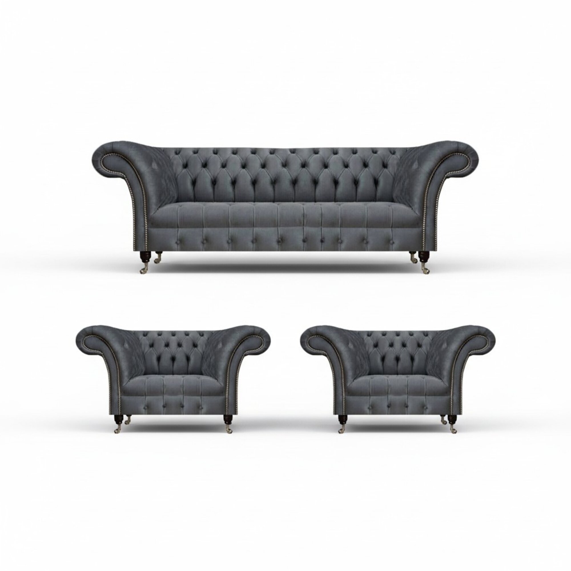 Graue Garnitur Chesterfield Sitzmöbel Designer Couch 2x Polstersessel